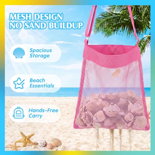 VioraWhite 2 Pcs Extra Large 14 x 16inch Clam Mesh Chum Beach Bags for Seashells Clams Treasures Sand Away Foldable Shell Collection Bags with Adjustable Straps (Pink,Blue) - color: Pink, Blue