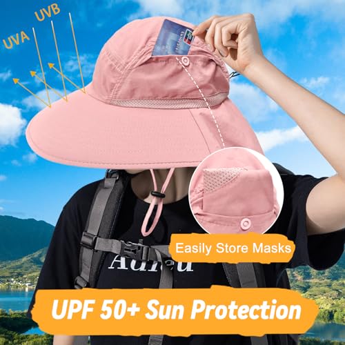 Sun Hats for Men Women Detachable Face Cover Wide Brim Fishing Hats with Neck Flap UPF 50+ Outdoor Safari Hats - color: Pink