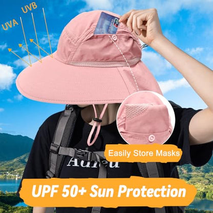 Sun Hats for Men Women Detachable Face Cover Wide Brim Fishing Hats with Neck Flap UPF 50+ Outdoor Safari Hats - color: Pink
