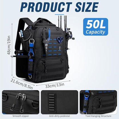 Fishing Tackle Backpack with 2 Rod Holders, Multi-Pocket Tactical Bag with Bottle Holder, 50L Extra Large Fishing Bag for Fishing Gear and Equipment, Black - color: Black