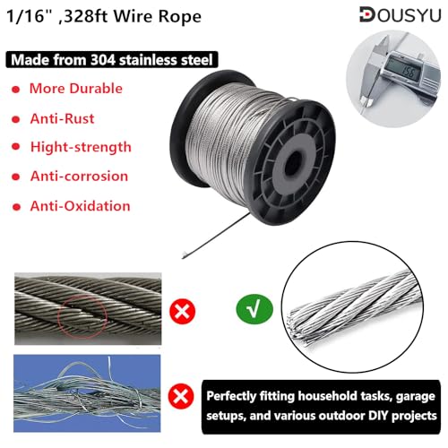 1/16" Wire Rope, 328ft Stainless Steel Cable with 100Pcs Aluminum Crimping Sleeves, Aircraft Cable, Picture Wire,7x7 Strand,368 lbs Breaking Strength - size: 1/16-inch