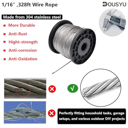 1/16" Wire Rope, 328ft Stainless Steel Cable with 100Pcs Aluminum Crimping Sleeves, Aircraft Cable, Picture Wire,7x7 Strand,368 lbs Breaking Strength - size: 1/16-inch
