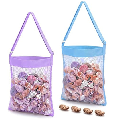 VioraWhite 2 Pcs Extra Large 14 x 16inch Clam Mesh Chum Beach Bags for Seashells Clams Treasures Sand Away Foldable Shell Collection Bags with Adjustable Straps (Purple,Blue) - color: Purple,Blue