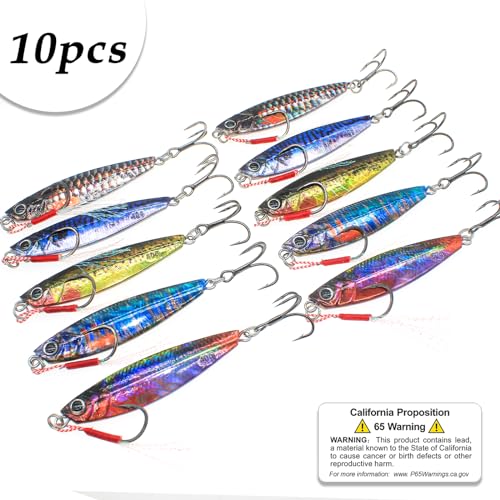 Fishing Jigs Vertical Saltwater Jigs Vertical Jigging Spoon Fishing Tuna Lures Boat Fishing Artificial Lures for Tuna, Grouper, Dogtooth, Snapper, Bass, Salmon/60g, 80g,120g - color: 10pcs-multicoloured