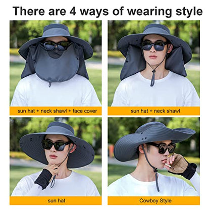Women Wide Brim Face Mask Sun Hat Detachable Neck Face Flap Ponytail UV Protection Visor Hat Garden Fishing Hiking - color: Hyp008-lightgray