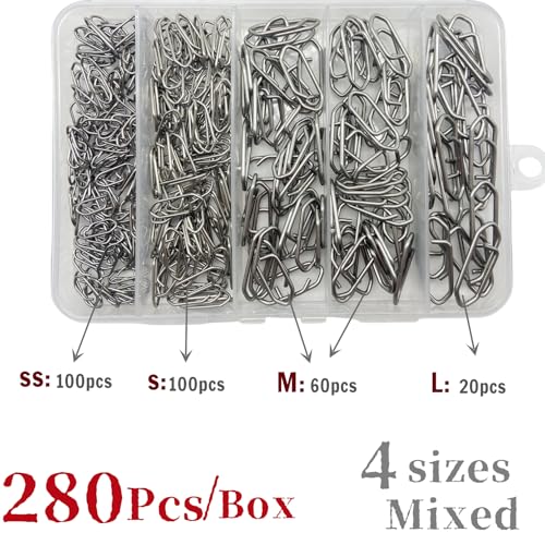 280Pcs/Box Stainless Steel Fishing Power Speed Clips (SS:100Pcs,S:100Pcs,M:60Pcs,L:20Pcs) High Strength Fishing Connector Swivels Snaps for Quick Change Lure Tackle Saltwater Freshwater