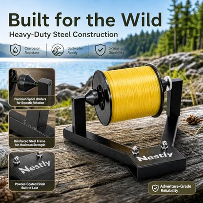 Fishing Line Spooler for Large Spools, Holds filler and bulk spools, Width Less than 5 in, Portable line winder fishing line Spooler with heavy-duty steel construction, Foldable and Adjustable Tension