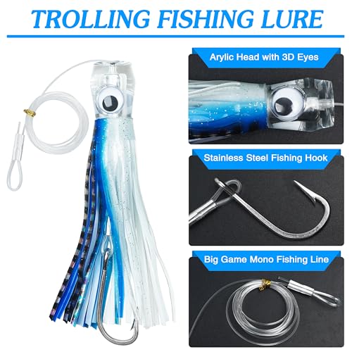 Saltwater Fishing Lures 6/9inch Trolling Lures for Marlin Mahi Tuna Dolphin Shark Big Game Deep Sea Fishing Baits Squid Skirts Rigged Hooks Ocean Gear Tackle - color: Blue-1pcs, size: 6inch