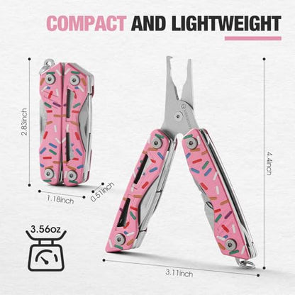VIRENKNIFE 13-in-1Multi Tool Pliers, Stainless Steel Mini EDC Multitool with Pocket Knife,Screwdriver，Bottle Opener，Fishing Hook Sharpener，Perfect for Camping, Hiking, Fishing（Donut） - color: Pink Donut