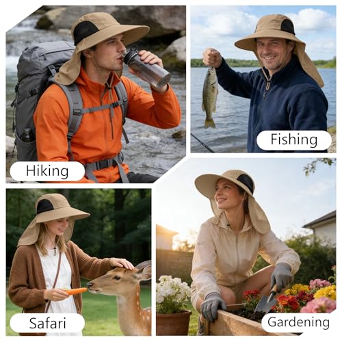 Sun Hat for Men Women with Neck Flap,UPF 50+ UV Protective Hiking Fishing Hats,Wide Brim Sun Hat for Women&Men - color: 1pack-khakisleeves