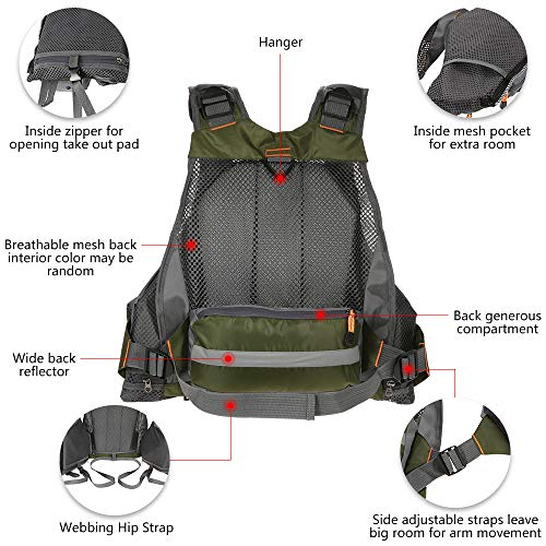 Lixada Fly Fishing Vest Fishing Jacket Breathable Polyester Mesh Design Fishing Vest - color: Dark Green