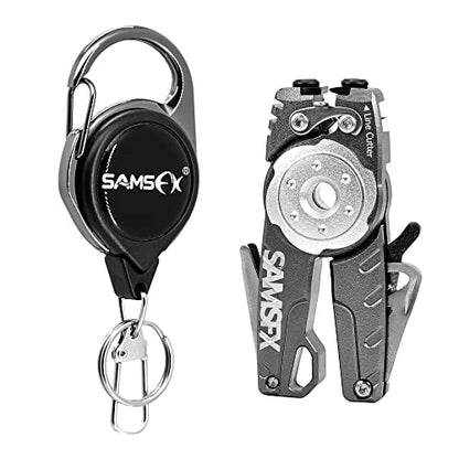 SAMSFX Fishing Tungsten Line Cutter with Zinger Retractors, Fishing Pliers Cutters, Knot Tying Tool, Hook Eye Cleaner, Hook Sharpener - color: A: Gray Line Cutter With Retractor