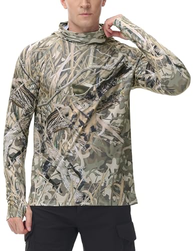 FISHEAL Men's Hunting Shirts with Mask - UPF 50+ Camo Long Sleeve Fishing Hoodie Shirt with Adjustable Drawstring - color: Reeds, size: XX-Large