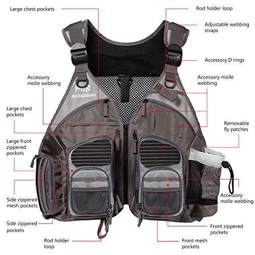 BASSDASH Strap Fishing Vest Adjustable for Men and Women, for Fly Bass Fishing and Outdoor Activities - color: Brown