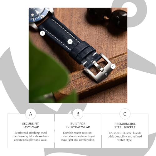 Anchor Strap Co | Classic Sailcloth Watch Strap | Marine-Grade Outer + Caoutchouc Rubber Lining | Water-Resistant | Brushed 316L Stainless Steel Buckle | Fits 6.25–8.25in Wrists - color: Jet Black, size: 20 mm