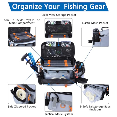 Fishing Tackle Bags with Tackle Box,Waterproof,Padded Shoulder Strap,Gear Storage,Fish Bag with 136 Pcs Fishing Lures Kit,Fish Hook Remover Tool,Fish Lip Gripper,Fishing Plier,Gifts for Men (Gray) - color: Gray