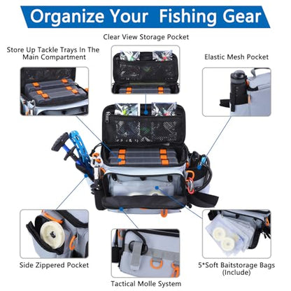 Fishing Tackle Bags with Tackle Box,Waterproof,Padded Shoulder Strap,Gear Storage,Fish Bag with 136 Pcs Fishing Lures Kit,Fish Hook Remover Tool,Fish Lip Gripper,Fishing Plier,Gifts for Men (Gray) - color: Gray