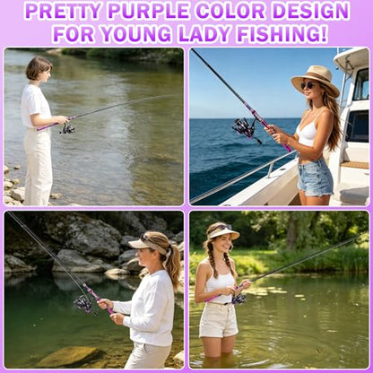 Fishing Rod and Reel Combos, Carbon Fiber Telescopic Fishing Pole Kit with Spinning Reel, Fishing Line, Fishing Lures, Travel Bag for Woman Girl Beginner Saltwater Freshwater - color: DARK PURPLE