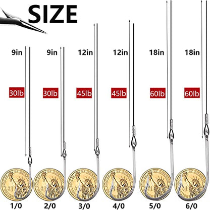 Saltwater Fishing Hook Rigs,Steel Leaders Long Shank Hook for Surf Fishing,Black Leader Wire O'shaughnessy Forged Hook for Freshwater - size: 1/0-9‘’-30lb, style: 8pcs