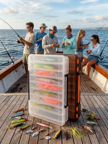 Large Fishing Lure Box Organizer - 18 Compartment Double-Sided Fishing Tackle Box, Black Plastic Clear Storage Case for Crankbaits, Squid Jigs and Baits - color: Black