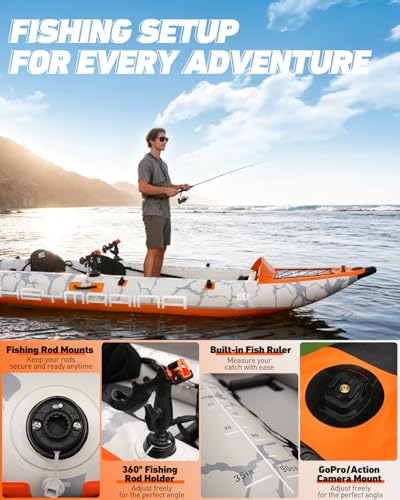 2 Person Inflatable Kayak Tandem Fishing Kayak for Adults, Portable Touring Kayak Canoe with Dual Floats, Drop-Stitch Floor and Fish Measuring Ruler, 12.5 FT - style: Rod Holder Included