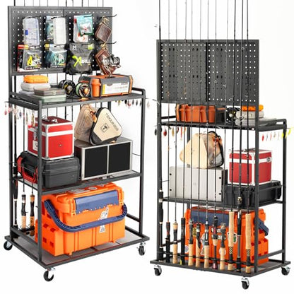 SOYEEZE Fishing Rod Holders for Garage, DIY Pegboard for Reels & Fishing Accessories, 12 Rod Capacity Fishing Pole Holder and 3-Tier Shelf for Tackle Box, Fishing Gear Organizer