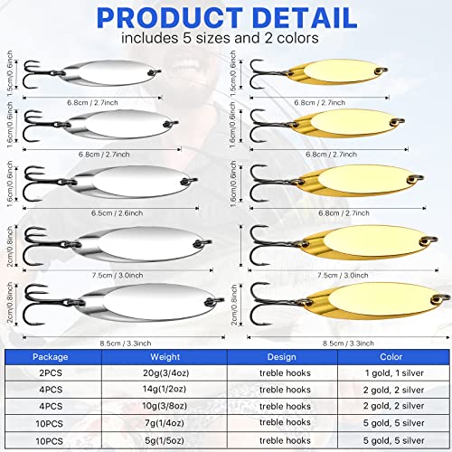 30 Pieces Fishing Spoons, 5 Sizes Treble Hooks Fishing Spoons Lures, Spoon Lures for Huge Distance Cast Saltwater Freshwater Fishing in 3/4 oz 1/2 oz 3/8 oz 1/4 oz 1/5 oz