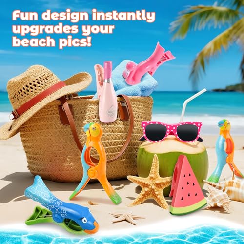 12 Pack Towel Clips for Beach Chairs, Durable and Jumbo Size Flamingo Parrot Towel Clips, Portable Cute Creative Beach Towel Clip for Beach Chairs Cruise Patio Pool or Daily Use - style: Parrot+Flamingo+Champagne+Watermelon+Fish+Sunglasses