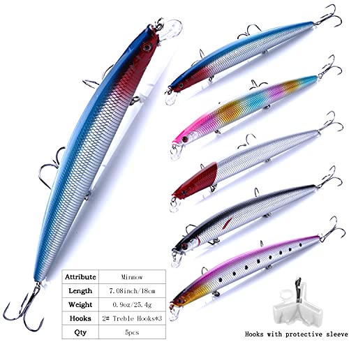 Jerk Baits for Bass Fishing, Jerkbait Fishing Lures, Minnow Lures Jerk Bait for Freshwater/Saltwater Fishing Lures for Trout Pike, 5pcs/10pcs with Box - color: K:7.08in/0.9oz/5pcs