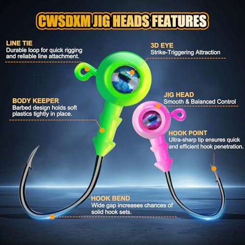 Round Jigs Heads for Fishing, 3D Eyes Ball Head Hooks with Stacked Cone Keeper, 1/8oz 1/5oz 1/4oz 3/8oz Crappie Jig Heads for Bass Fishing Trout Crappie Panfish Walleye - size: 3/8oz(10g)-25PCS