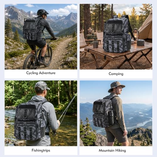 MGB 46L Fishing Tackle Backpack with 2 Rod Holders & YKK Zipper Storage Fishing Gear and Equipment, Gifts for Men Father - color: Blue+Black Camo（without Tackle Box）