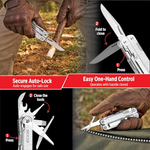EDGE Multi-Tool Pliers, 14-in-1 Stainless Steel Multitool with Knife, Saw, Scissors, Wire Cutter & Screwdriver Bits, Compact Folding Pocket Tool for Camping, Survival, Fishing & Car Emergency (Silver) - color: Silver