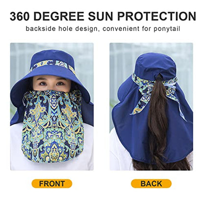 Women Wide Brim Face Mask Sun Hat Detachable Neck Face Flap Ponytail UV Protection Visor Hat Garden Fishing Hiking - color: M9099-navy