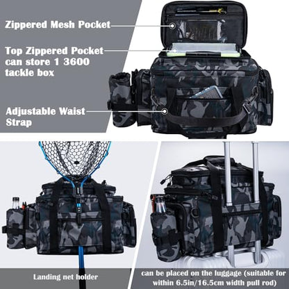 Goture Fishing Tackle Bag with 4pcs 3600 Tackle Boxes, 600D Water-Resistant Soft Side Saltwater Gear Storage Fishing Bag with Rod Straps, Detachable Water Bottle Pouch, Waterproof Bottom, SBS Zippers - color: C2:Camo with 4 3600 Tackle Boxes, size: Large