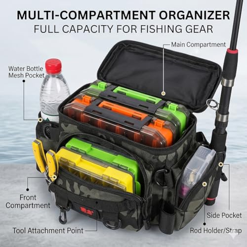 Oxford Fishing Tackle Bag, Water-Resistant Portable Multi-Pocket Fishing Gear Backpack for Anglers, with Rod Holder & Shoulder Strap