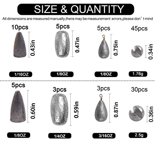 106pcs Fishing Weights Assortment Saltwater Split Shot Fishing Weights Sinkers Kit Assorted Bass Casting Bell Sinkers with Tackle Box for Saltwater Freshwater