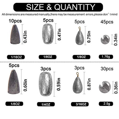 106pcs Fishing Weights Assortment Saltwater Split Shot Fishing Weights Sinkers Kit Assorted Bass Casting Bell Sinkers with Tackle Box for Saltwater Freshwater