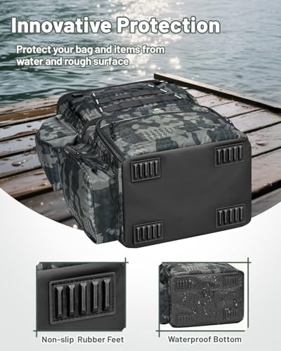 MATEIN Fishing Backpack with 4 Tackle Boxes, Fishing Bag with Rod Holder | 3600 Tackle Box 4 Pack, Water Resistant Tackle Backpack with Cooler Compartment, Safety Compass, Gifts for Fishermen - color: Camouflage
