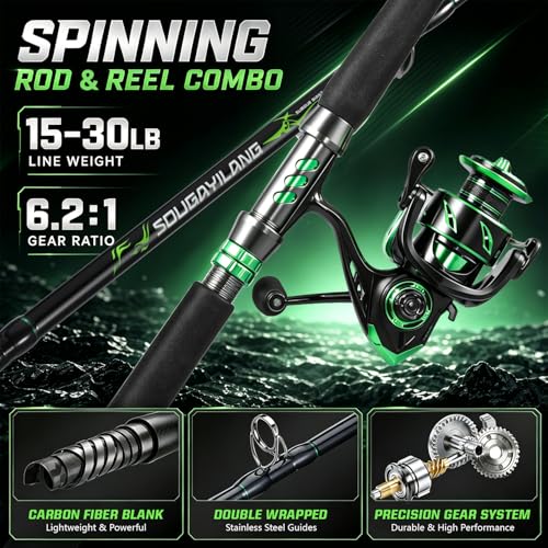 Sougayilang Big Game Spinning Combo – 7ft MH 2-Piece Rod, 33LB Drag, 6.2:1, 12+1 Bearings, 4000 Reel for Catfish, Pike, Carp – Heavy Duty Lake & River