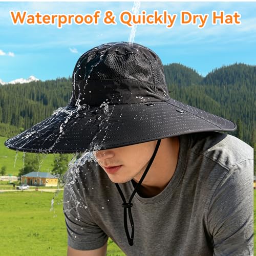 Super Wide Brim Fishing Hat UPF 50+ Sun Safari Hat with Removable Neck Face Flap - color: Black