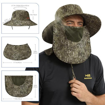 BASSDASH UPF 50+ Breathable Sun Hat with Removable Face Cover and Neck Flap Wide Brim Bucket Hat for Fishing Hiking Men Women - color: Moss Wood