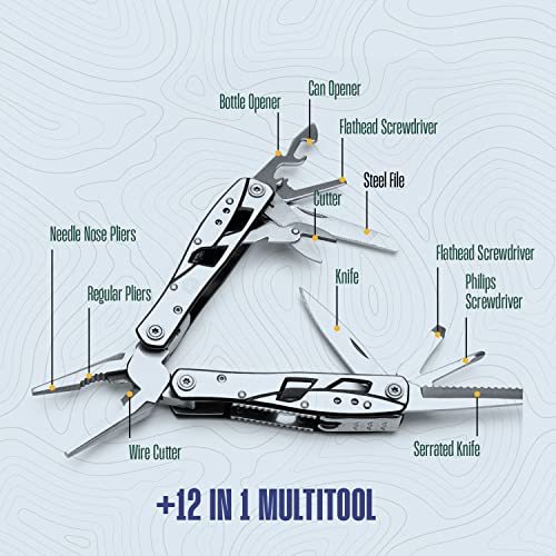 Multitool Plier - 12 In 1 Stainless Steel Pocket Multi Tool With Durable Sheath For Camping, Survival Gear - Safety Locking Camping Accessories With Cutter, Bottle Opener, Screwdriver by Hayvenhurst - style: Plier Multitool