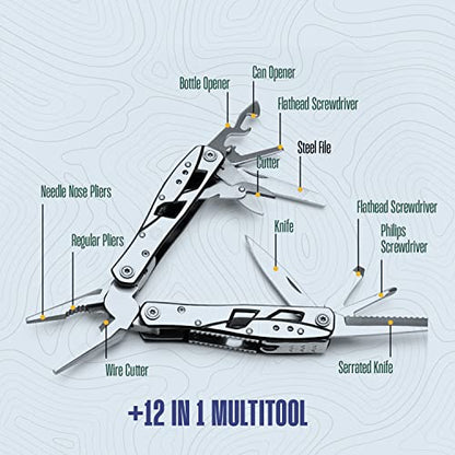 Multitool Plier - 12 In 1 Stainless Steel Pocket Multi Tool With Durable Sheath For Camping, Survival Gear - Safety Locking Camping Accessories With Cutter, Bottle Opener, Screwdriver by Hayvenhurst - style: Plier Multitool