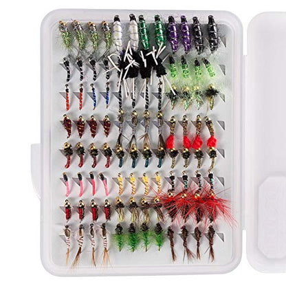 BASSDASH Fly Fishing Flies Kit Fly Assortment Trout Bass Fishing with Fly Box with Dry/Wet Flies, Nymphs, Streamers, Popper - style: 96 Pcs Nymphs Kit