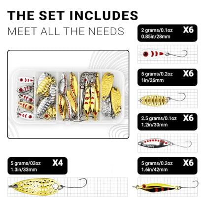 28pcs Spoon Fishing Lures Set with Hooks, Hard Metal Trout Spoons & ice Fishing Spoons for Salmon, bass, and Saltwater Fishin - color: Crater Gold & Silver