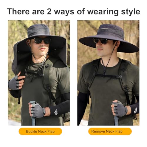 HUAMULAN Men Summer Sun Hat Women Safari Wide Brim Fishing Hats UV Protection Neck Flap Bucket Gardening Hiking Hunting Cap - color: Hyp016-darkgray