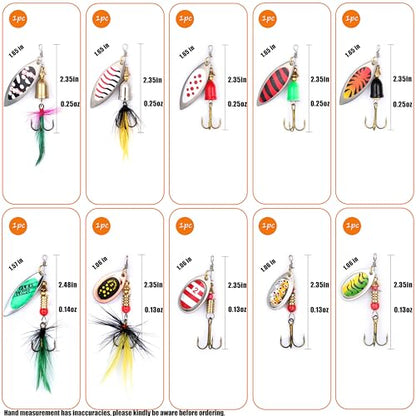 EXAURAFELIS 10/30pcs Fishing Lure Spinnerbait with Feathered Treble Hooks Rooster Tail Fishing Lures Spoon Lures for Bass Salmon Trout Spinner Baits with Tackle Box - color: 10pcs-B