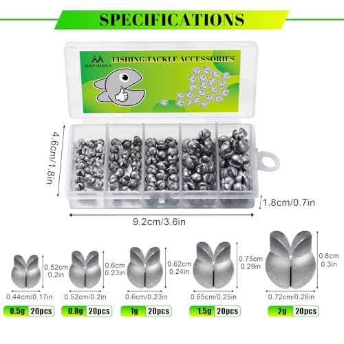 Split Shot Sinker Set 100 Pcs - Removable Fishing Weights with Storage Box, 5 Sizes (0.5g-2g) Lead Weights for Freshwater Fishing