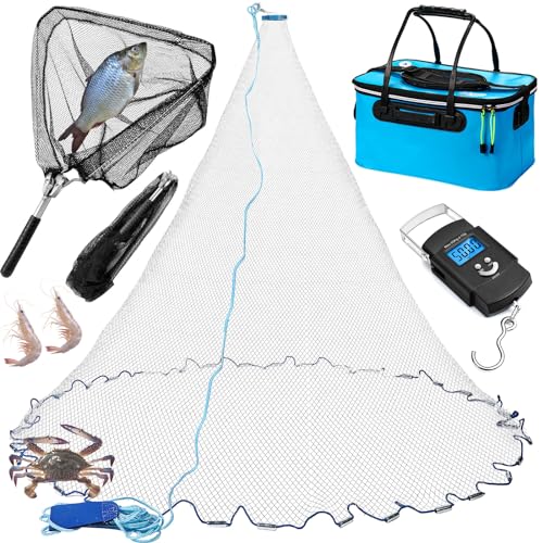 Threehoney Set of 4 Saltwater Fishing Cast Net, Foldable Fish Bucket, Folding Fishing Landing Net, and 110lb Digital Scale, 6 Gallon Live Fish Bait Bucket - color: Blue, size: 4ft