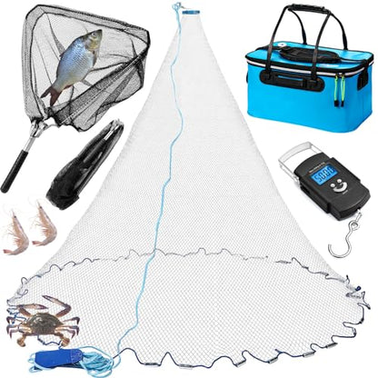 Threehoney Set of 4 Saltwater Fishing Cast Net, Foldable Fish Bucket, Folding Fishing Landing Net, and 110lb Digital Scale, 6 Gallon Live Fish Bait Bucket - color: Blue, size: 4ft